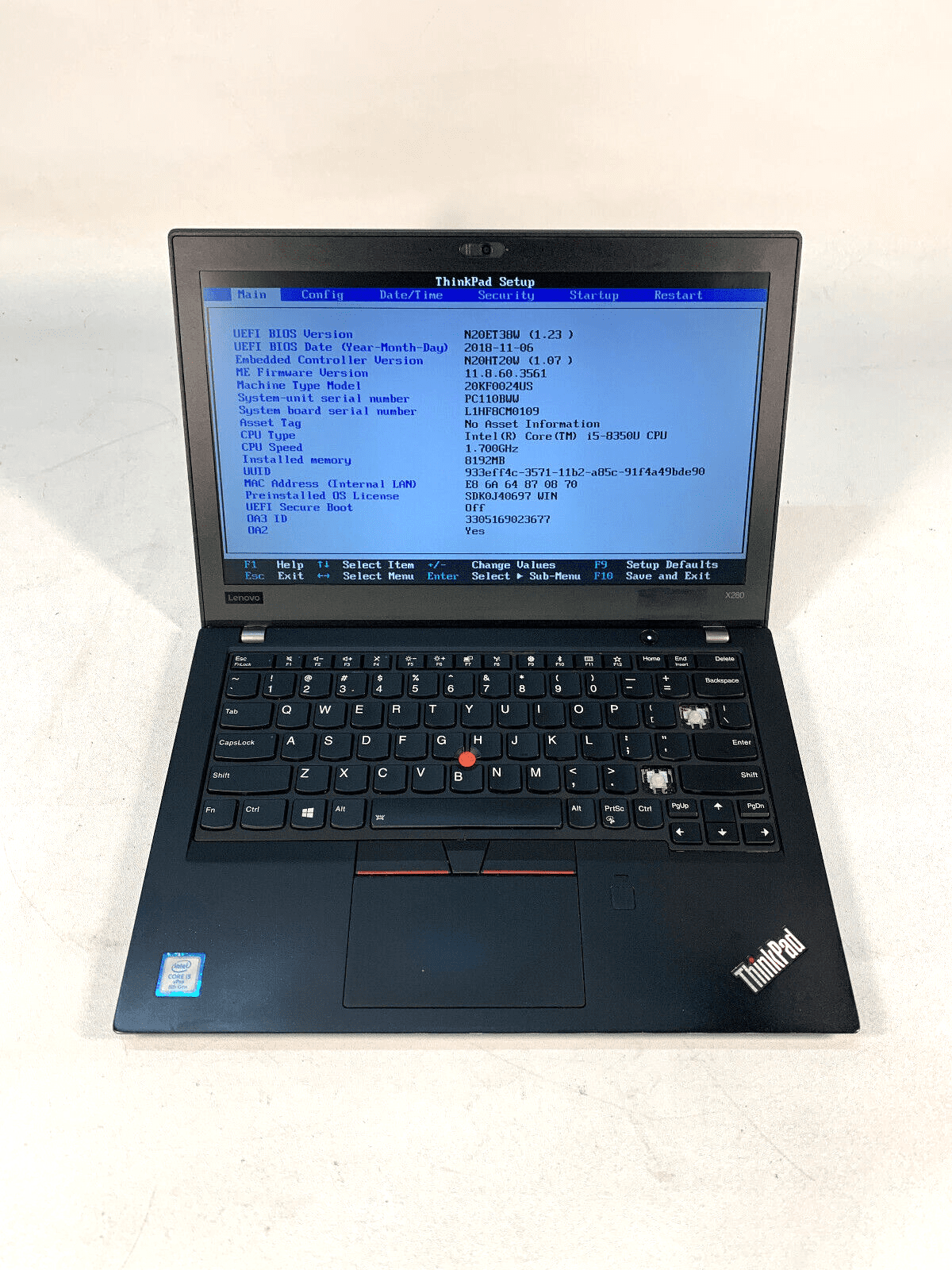 Lenovo ThinkPad X280 i5 8350U@1.70Ghz 8GB No HDD/OS - Used, Fair