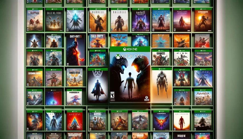 image of DALL·E 2024 02 08 11.40.04 Design a dynamic catalog image featuring a wide array of Xbox One video game cases each with distinct and eye catching cover art. The selection shoul 1