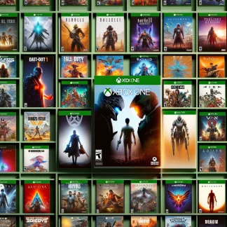 image of DALL·E 2024 02 08 11.40.04 Design a dynamic catalog image featuring a wide array of Xbox One video game cases each with distinct and eye catching cover art. The selection shoul