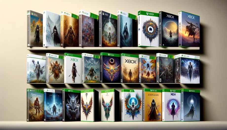 image of DALL·E 2024 02 08 11.46.43 Craft a compelling catalog image showcasing an assortment of Xbox video game cases across different generations including Xbox Xbox 360 and Xbox On 1
