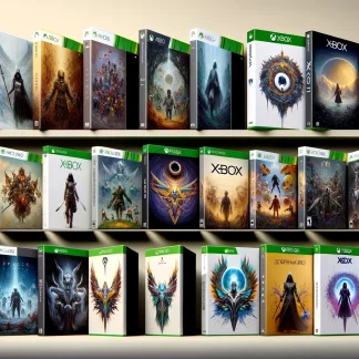 image of DALL·E 2024 02 08 11.46.43 Craft a compelling catalog image showcasing an assortment of Xbox video game cases across different generations including Xbox Xbox 360 and Xbox On