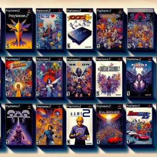 image of DALL·E 2024 02 08 12.28.19 Assemble an engaging catalog image that highlights a selection of PlayStation 2 video game cases each adorned with captivating and varied cover art. 1 1