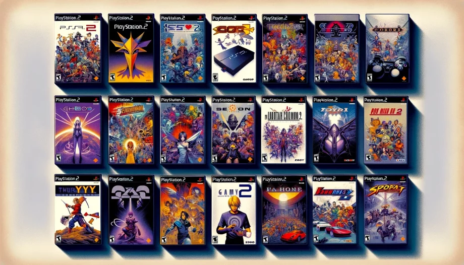 image of DALL·E 2024 02 08 12.28.19 Assemble an engaging catalog image that highlights a selection of PlayStation 2 video game cases each adorned with captivating and varied cover art. 1 1