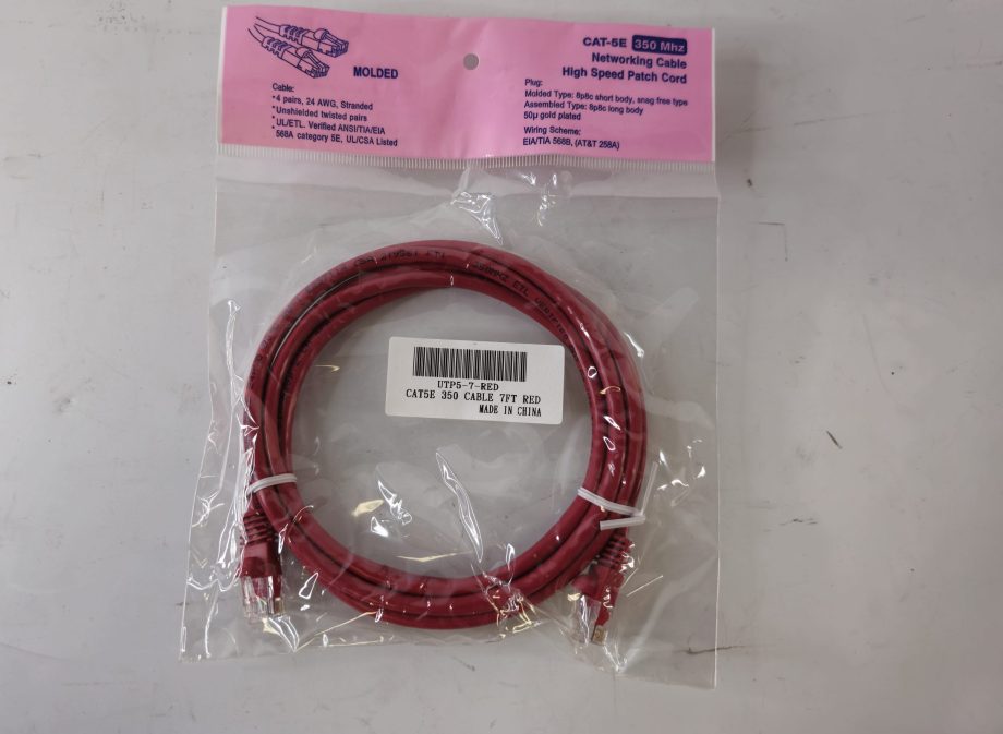 UTP 7' CAT5E Red Patch Cable with Ferrari Boots in Original Packaging – High-Speed Ethernet Networking Cable