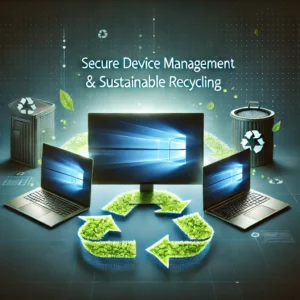 A modern laptop and desktop computer with glowing Windows logos on their screens, symbolizing technology management. The background features subtle recycling symbols and green leaves, representing eco-friendly e-waste recycling and sustainability. Overlaid text reads 'Secure Device Management & Sustainable Recycling' in a clean, professional font.