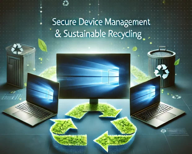 A modern laptop and desktop computer with glowing Windows logos on their screens, symbolizing technology management. The background features subtle recycling symbols and green leaves, representing eco-friendly e-waste recycling and sustainability. Overlaid text reads 'Secure Device Management & Sustainable Recycling' in a clean, professional font.