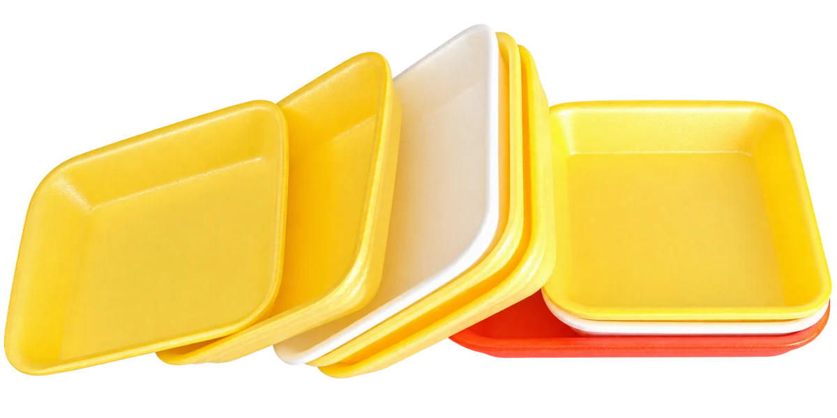 EPS and Plastic Recycling 2 Clean colored #6 EPS food and meat trays accepted as Grade B polystyrene foam