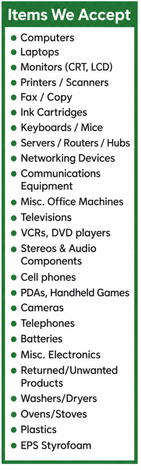 Items We Accept: Computers; Laptops; Monitors (CRT, LCD); Printers / Scanners; Fax / Copy; Ink Cartridges; Keyboards / Mice; Servers / Routers / Hubs; Networking Devices; Communications Equipment; Misc. Office Machines; Televisions; VCRs, DVD players; Stereos & Audio Components; Cell phones; PDAs, Handheld Games; Cameras; Telephones; Batteries; Misc. Electronics; Returned/Unwanted Products; Washers/Dryers; Ovens/Stoves; Plastics; EPS Styrofoam.