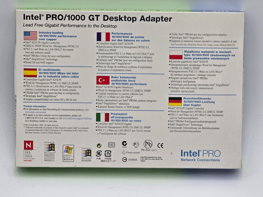 Intel PRO 1000/GT 10/100/1000Mbps PCI RJ45 Desktop Adapter VINTAGE 4 Win XP, NT