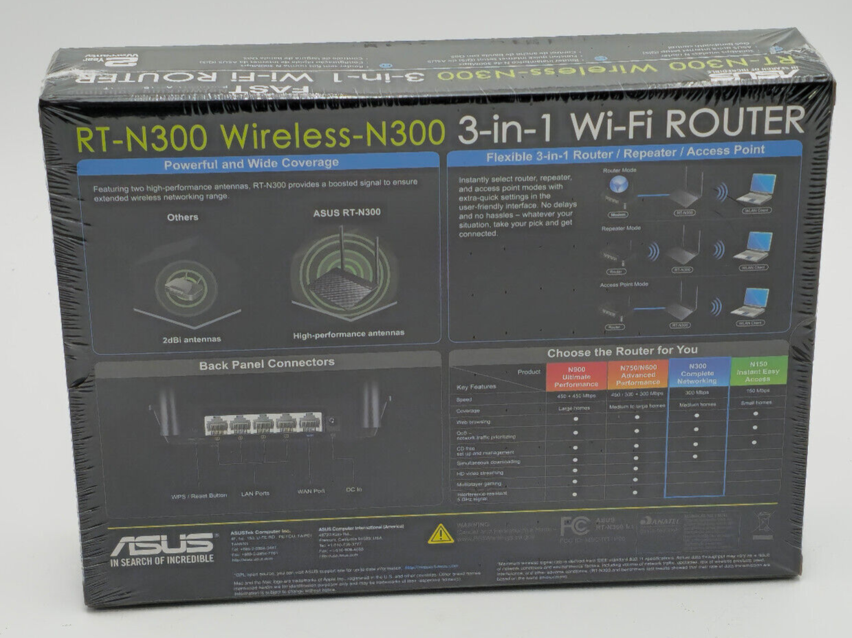 ASUS RT-N300 Wireless-N300 3-in-1 WiFi Router BRAND NEW SEALED. 3 ASUS RT-N300 Wireless-N300 3-in-1 WiFi Router BRAND NEW SEALED.